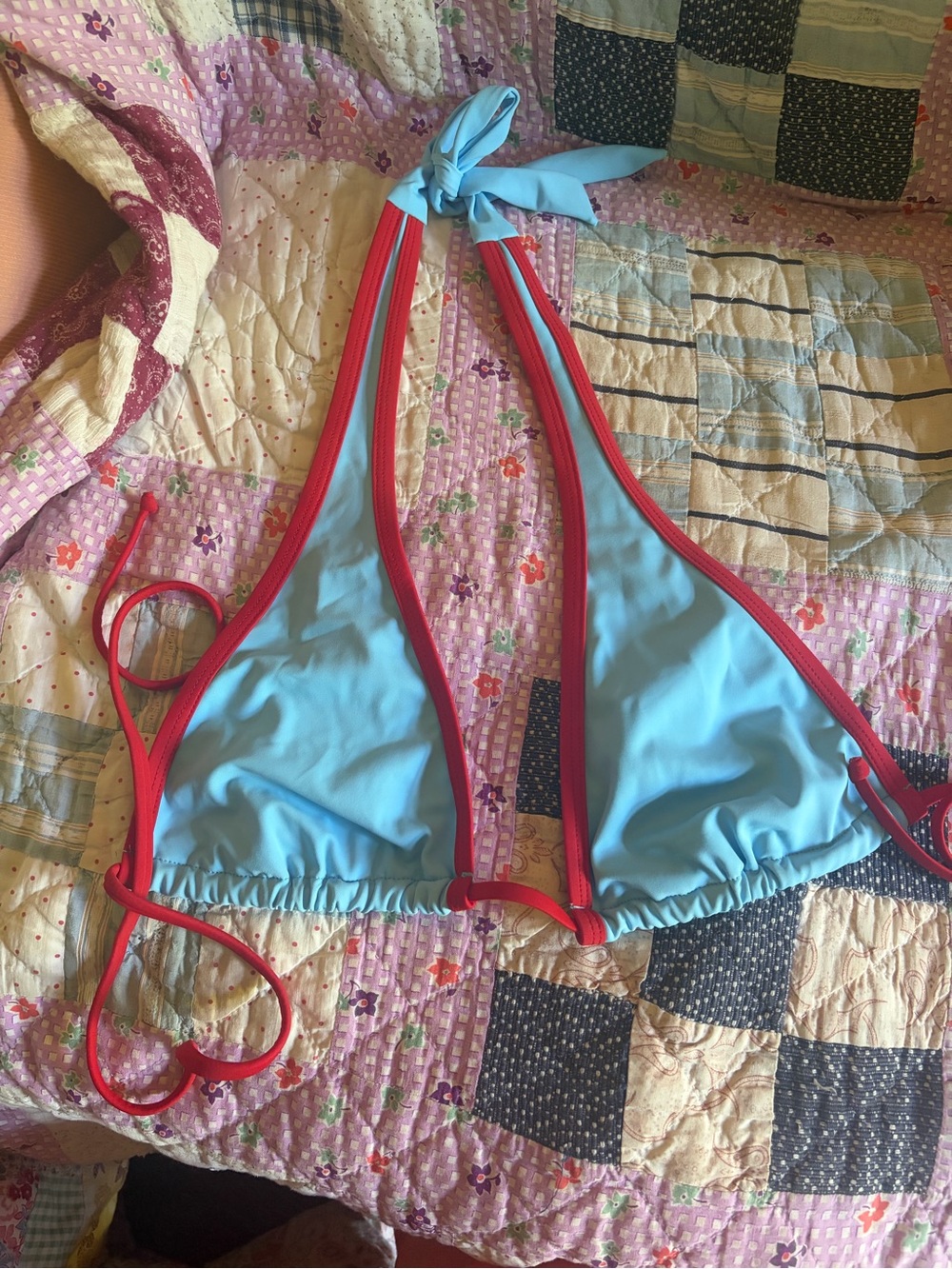 Light Blue and Red Contrast Triangle Bikini Top - Women's Swim